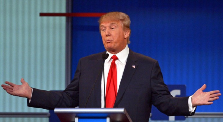 Real estate tycoon Donald Trump participates in the first Republican presidential primary debate on August 6, 2015 at the Quicken Loans Arena in Cleveland, Ohio. AFP PHOTO / MANDEL NGAN        (Photo credit should read MANDEL NGAN/AFP/Getty Images)