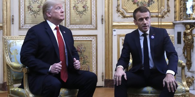 President Donald Trump meets with French President Emmanuel Macron inside the Elysee Palace in Paris Saturday Nov. 10, 2018. Trump is joining other world leaders at centennial commemorations in Paris this weekend to mark the end of World War I. (AP Photo/Jacquelyn Martin)