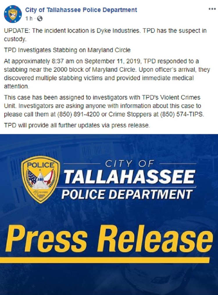 El Departamento de PolicÃ­a de la ciudad acudiÃ³ a la escena y hallÃ³ â€œmÃºltiples personas apuÃ±aladasâ€, segÃºn figura en el informe (Foto: Facebook City of Tallahassee Police Department)