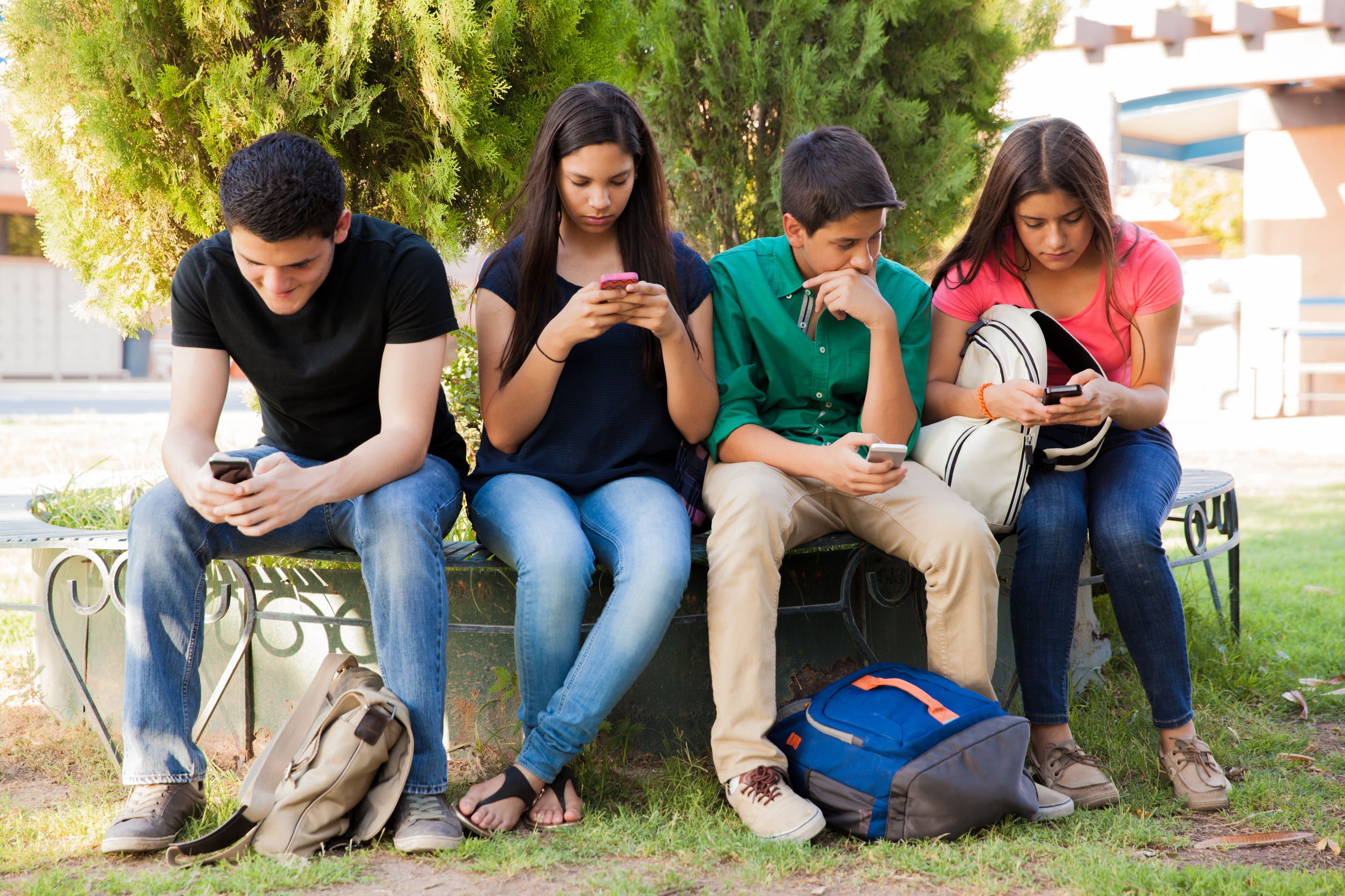 29348172 - group of teenage boys and girls ignoring each other while using their cell phones at school