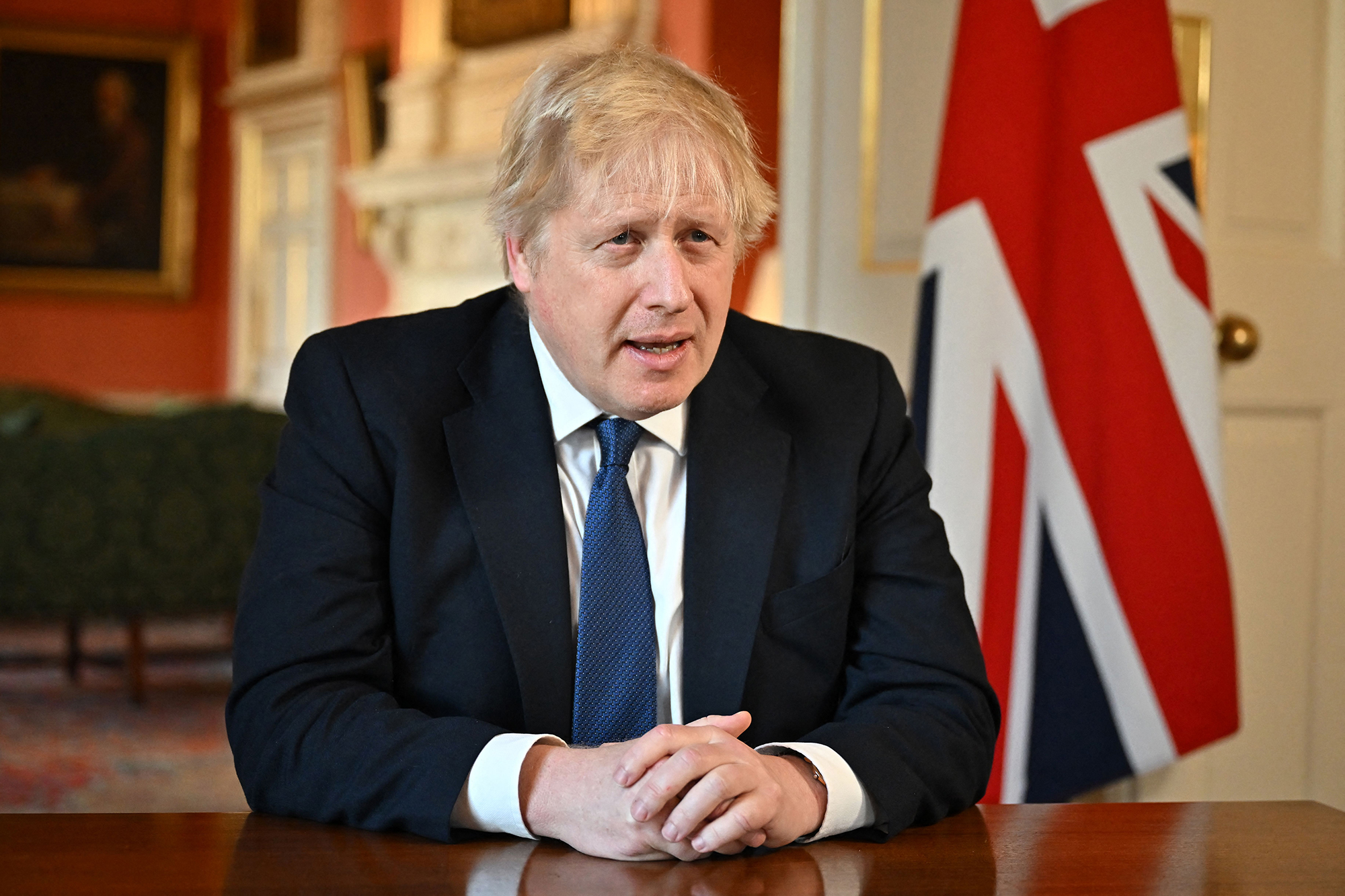 British prime minister Boris Johnson speaks from 10 Downing Street, in London, on February 24. (Jeff J Mitchell/Pool/AFP/Getty Images)(Photo by Jeff J Mitchell / POOL / AFP) (Photo by JEFF J MITCHELL/POOL/AFP via Getty Images)