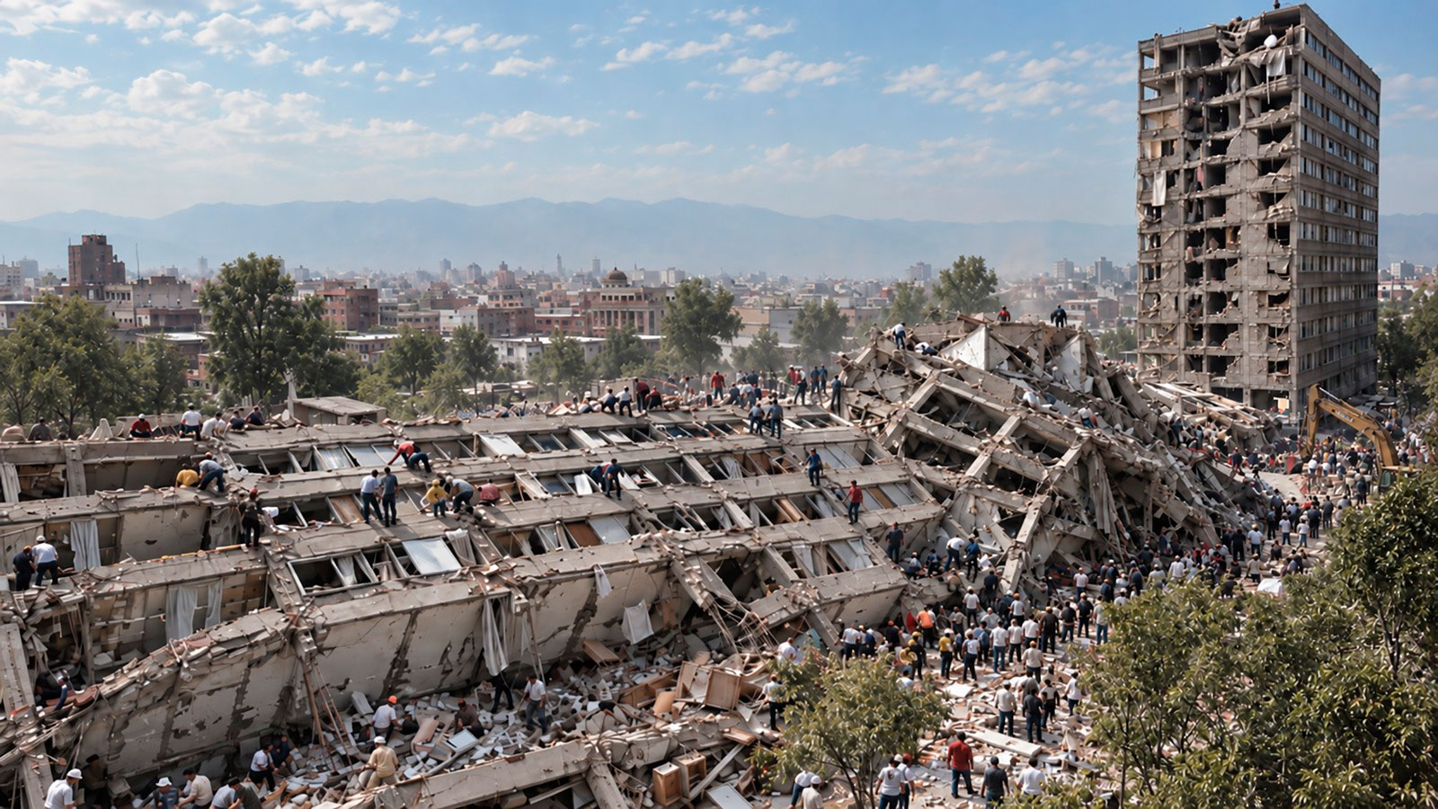 Foto de Marco Antonio Cruz, de la imagen del edificio Nuevo León, en Tlatelolco.Minutos después del sismo del 19 de septiembre de 1985, decenas de rescatistas y voluntarios trabajan entre los escombros de las secciones colapsadas, mientras una parte del conjunto permanece en pie, severamente dañada. La escena reproduce la visión que tuvimos muchos de quienes llegamos a Tlatelolco durante aquellas primeras horas de la tragedia. (Foto Marco Antonio Cruz / Versión color A. Carbot)