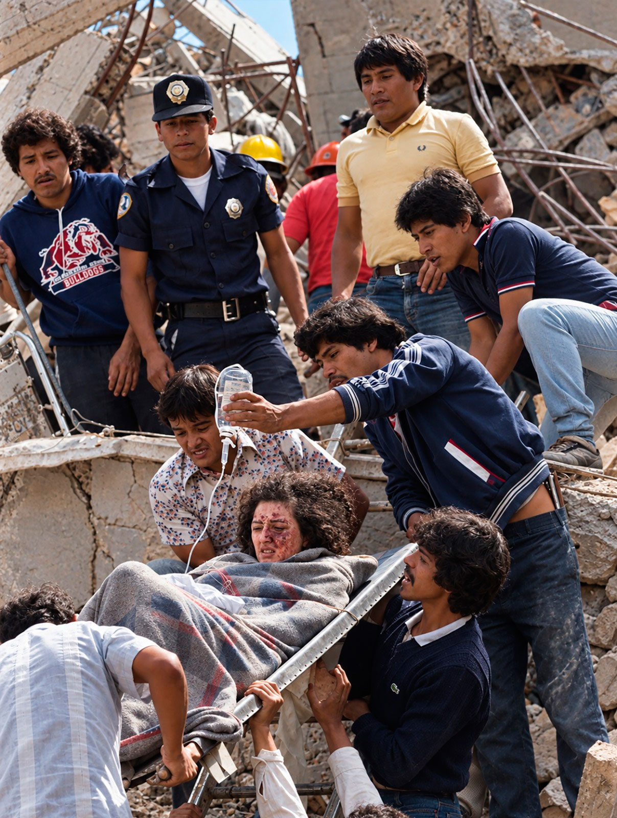 Una mujer herida es evacuada entre los escombros por rescatistas, voluntarios y policías durante las labores posteriores al sismo del 19 de septiembre de 1985. La imagen, captada por Marco Antonio Cruz, forma parte del registro humano de una ciudad que aprendió a organizar el rescate mientras la emergencia seguía desarrollándose. (Foto Marco Antonio Cruz / Versión color A. Carbot)