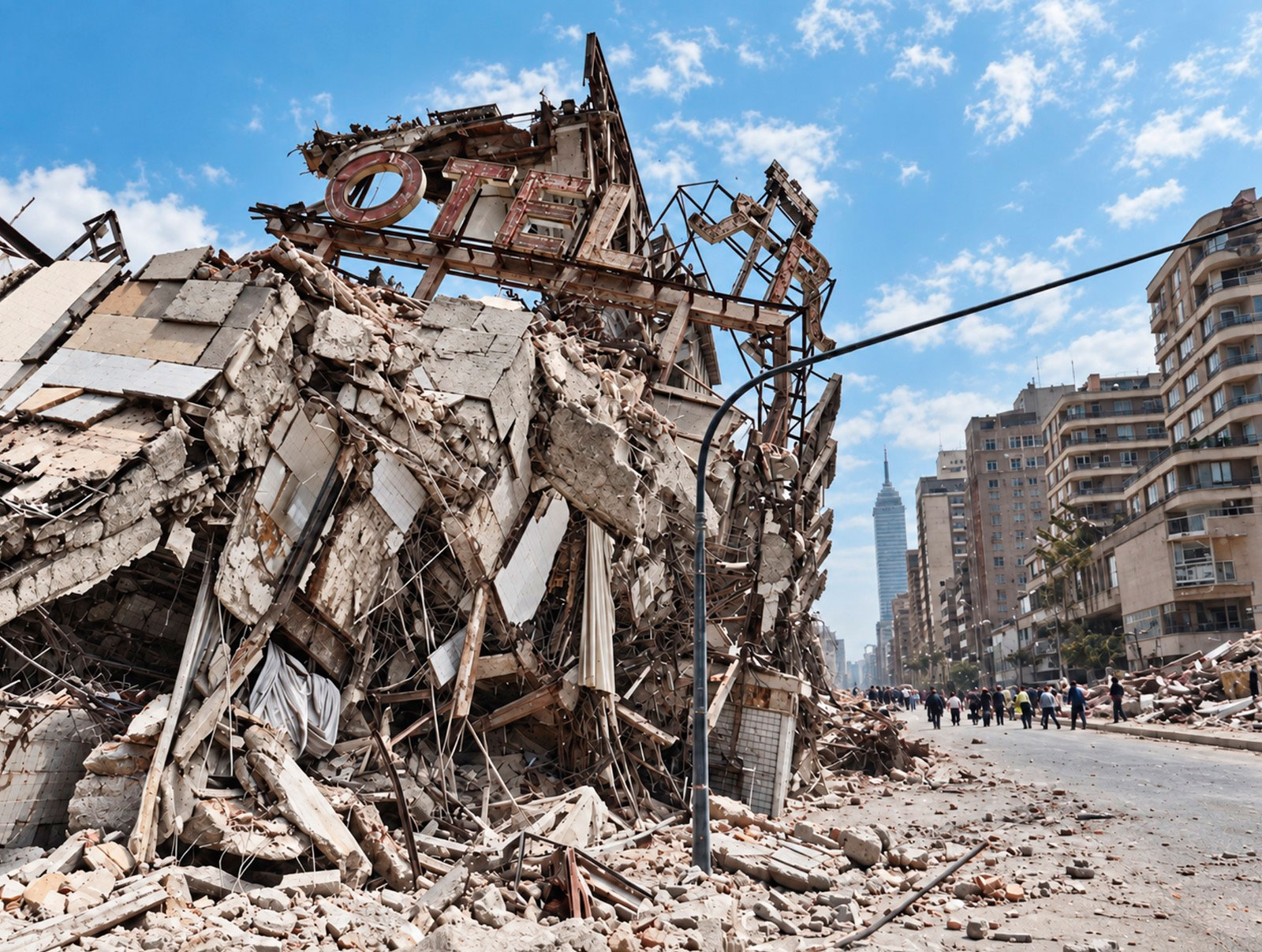 Las ruinas del Hotel Regis, sobre avenida Juárez, pocas horas después del terremoto. El anuncio derrumbado conserva todavía el nombre del hotel entre una masa de concreto, fierros retorcidos y humo. La fotografía fue tomada por Raúl Urbina durante su recorrido por el centro de la ciudad aquel 19 de septiembre de 1985. (Foto Raúl Urbina / Versión color A. Carbot)