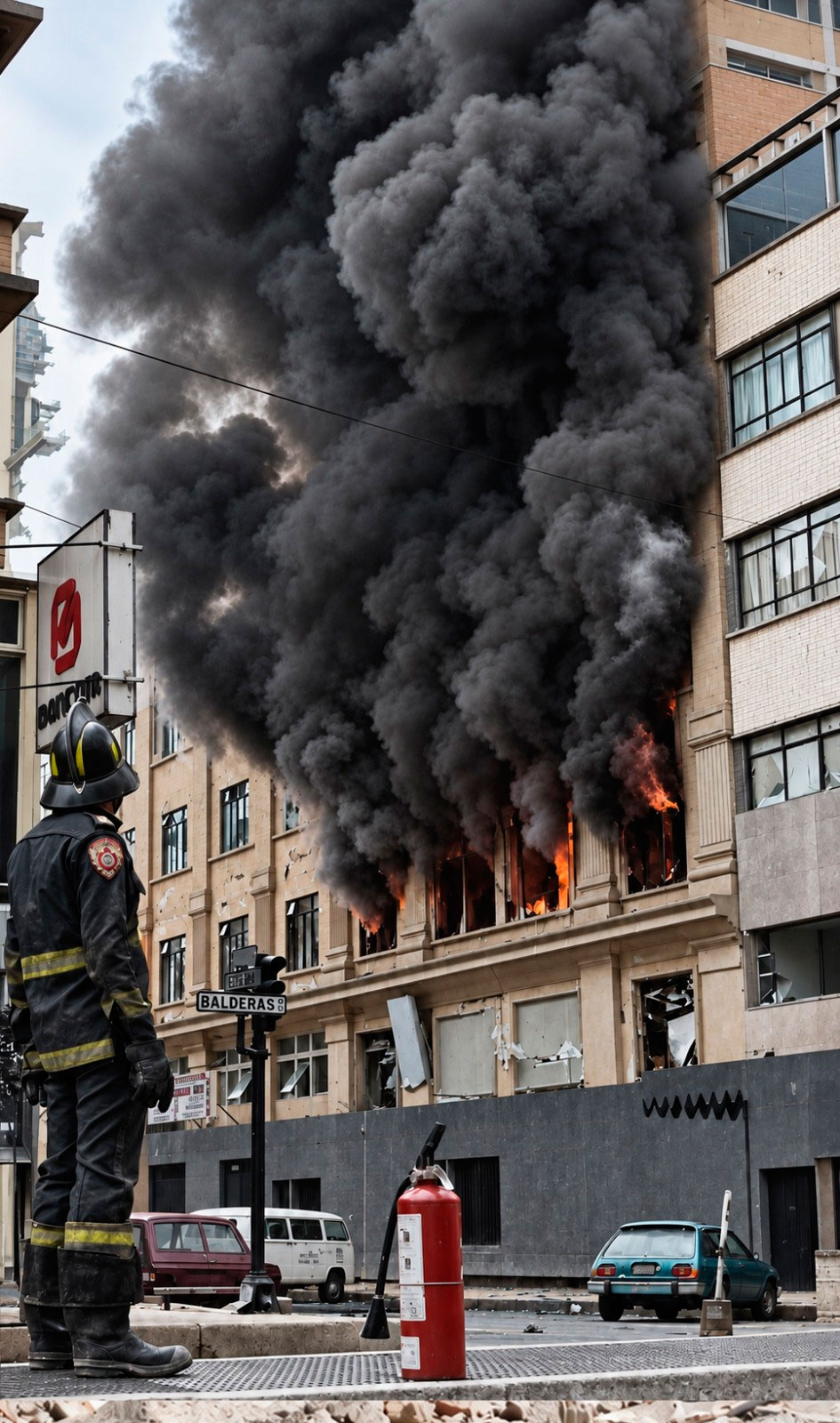 Un bombero observa el incendio de un edificio en la zona de Balderas mientras una columna de humo cubre buena parte de la calle. La imagen de Raúl Urbina registra otra dimensión del desastre: no sólo los derrumbes, sino los incendios que comenzaron a propagarse entre construcciones dañadas y servicios interrumpidos. (Foto Raúl Urbina / Versión color A. Carbot)